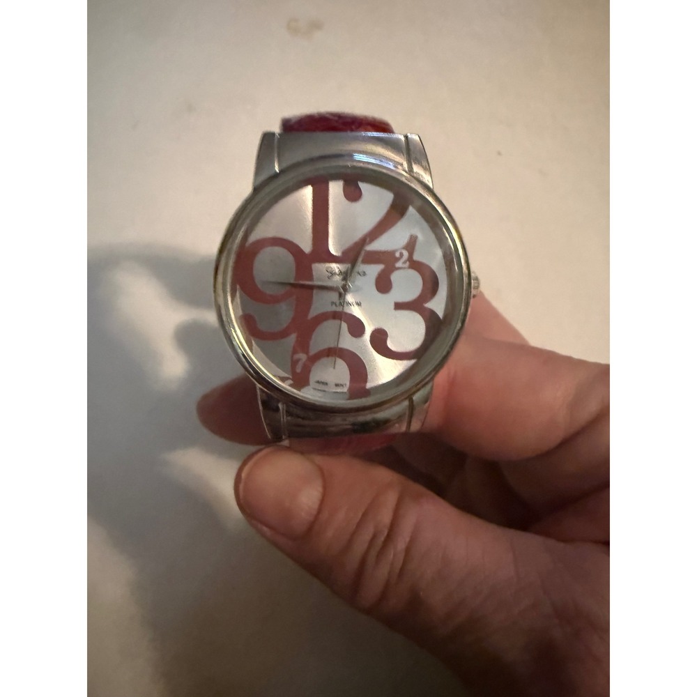 Geneva Platinum Womens Cuff Watch Red Faux Crocodile Band Silver Tone Large Face